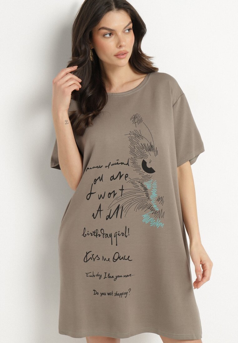 ambitionfly Rochie dreaptă bej închisă cu vâscoză și imprimeu decorativ Amoara