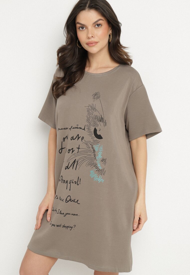ambitionfly Rochie dreaptă bej închisă cu vâscoză și imprimeu decorativ Amoara