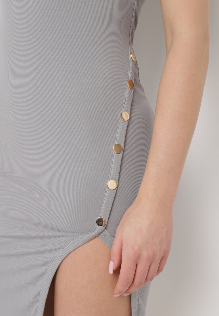 ambitionfly Rochie Gri Mulată Fără Mâneci din Bumbac Elastic cu Nituri Decorative Zimelia