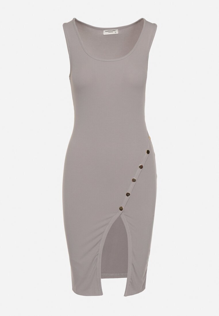 ambitionfly Rochie Gri Mulată Fără Mâneci din Bumbac Elastic cu Nituri Decorative Zimelia