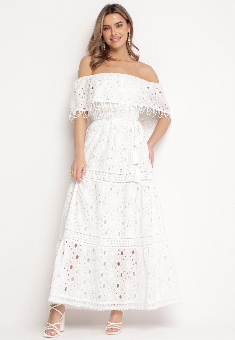 ambitionfly Rochie maxi albă din bumbac stil boho decorată cu broderie ajurată Hellvia