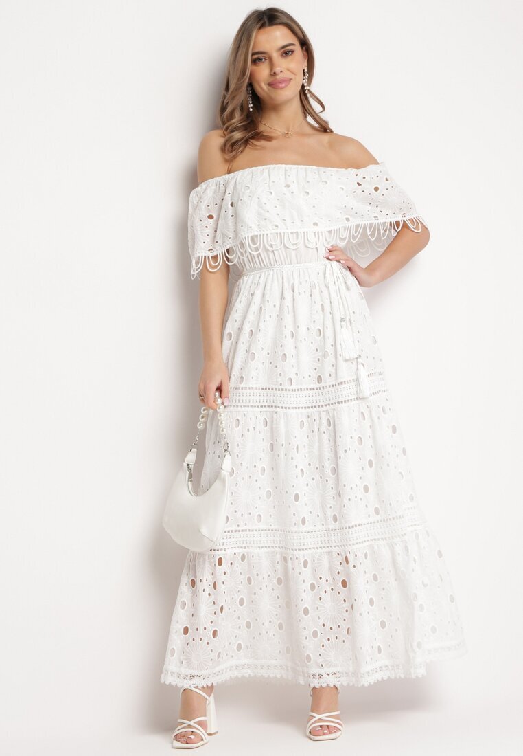 ambitionfly Rochie maxi albă din bumbac stil boho decorată cu broderie ajurată Hellvia