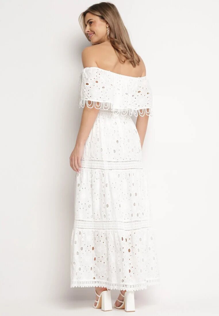 ambitionfly Rochie maxi albă din bumbac stil boho decorată cu broderie ajurată Hellvia