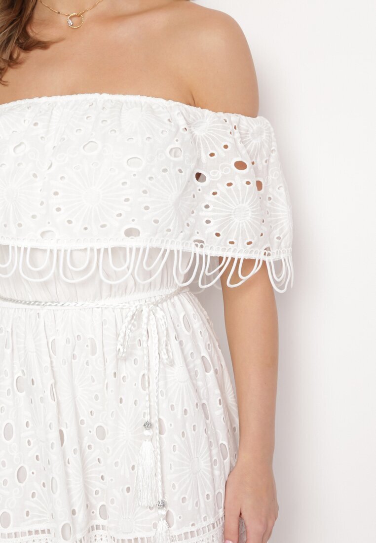 ambitionfly Rochie maxi albă din bumbac stil boho decorată cu broderie ajurată Hellvia