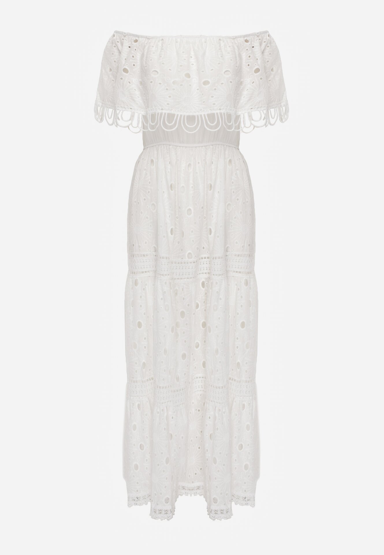 ambitionfly Rochie maxi albă din bumbac stil boho decorată cu broderie ajurată Hellvia