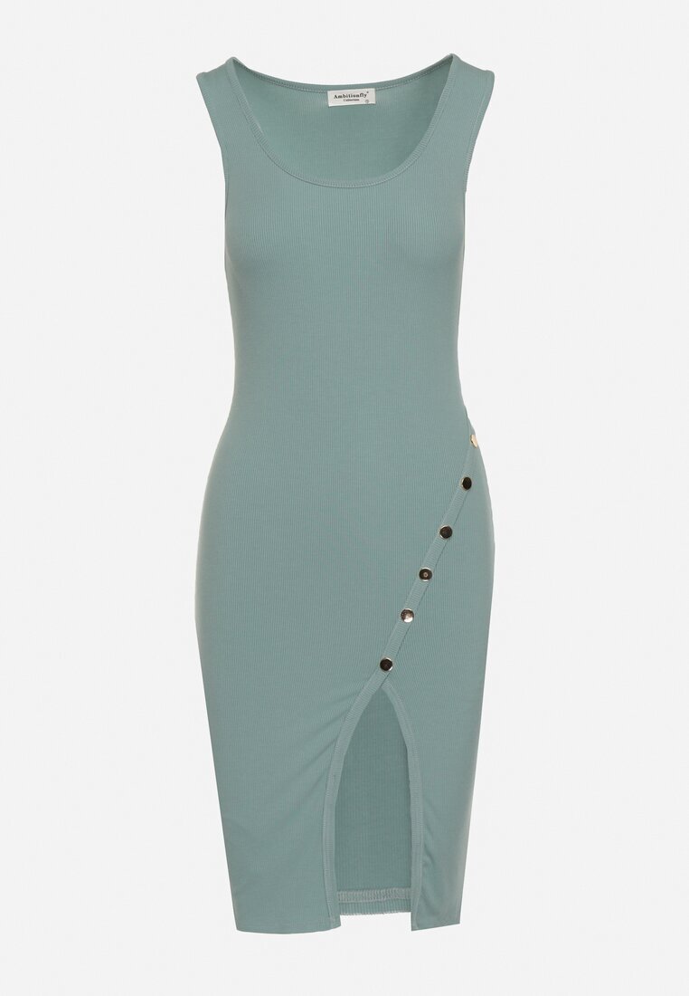 ambitionfly Rochie Mentă Mulată Fără Mâneci din Bumbac Elastic cu Nituri Decorative Zimelia
