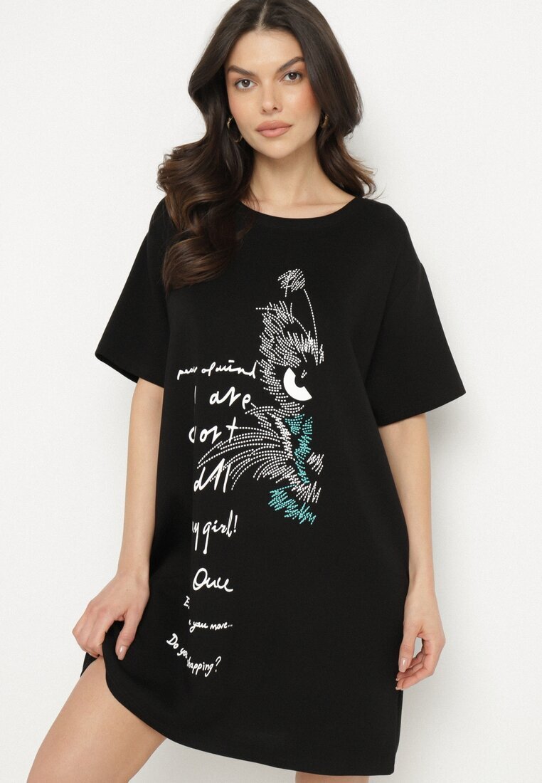 ambitionfly Rochie neagră dreaptă cu viscoză și imprimeu decorativ Amoara