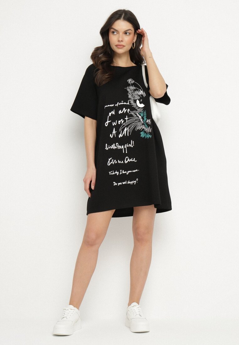 ambitionfly Rochie neagră dreaptă cu viscoză și imprimeu decorativ Amoara