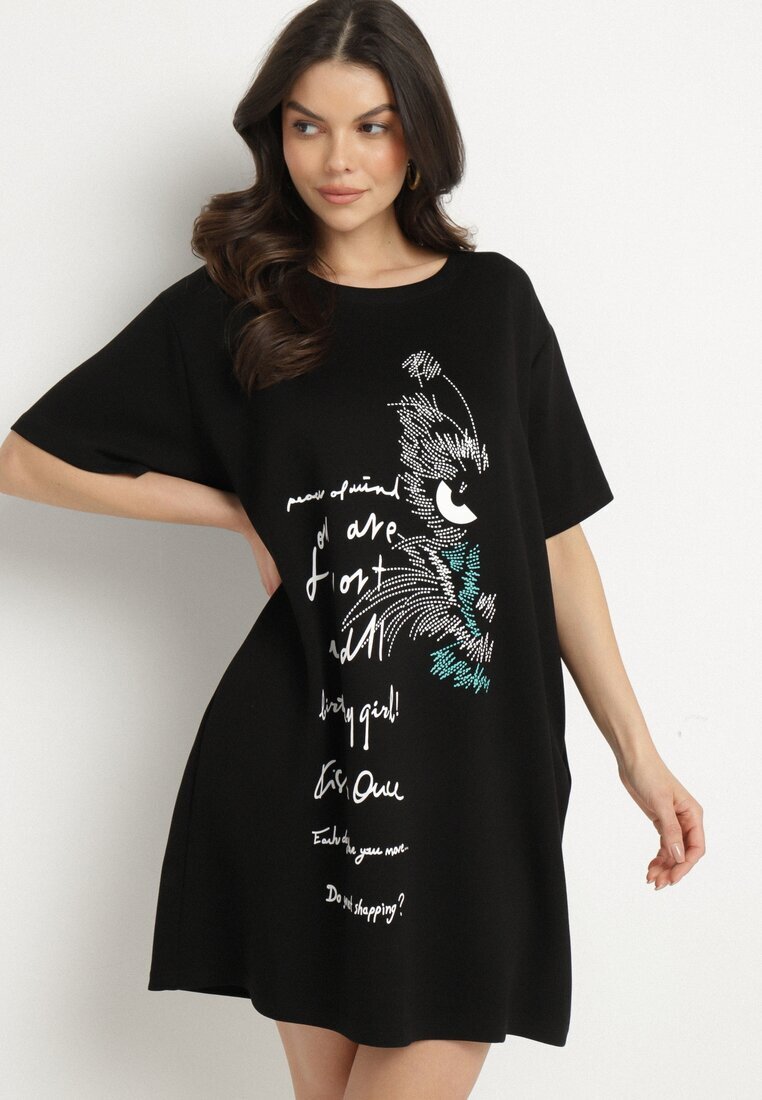 ambitionfly Rochie neagră dreaptă cu viscoză și imprimeu decorativ Amoara