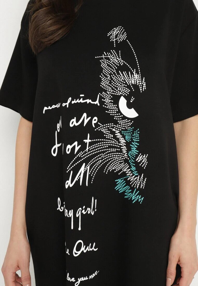 ambitionfly Rochie neagră dreaptă cu viscoză și imprimeu decorativ Amoara