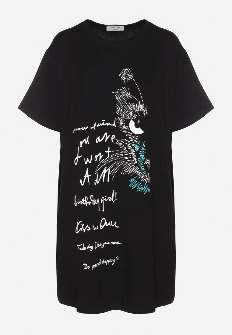 ambitionfly Rochie neagră dreaptă cu viscoză și imprimeu decorativ Amoara