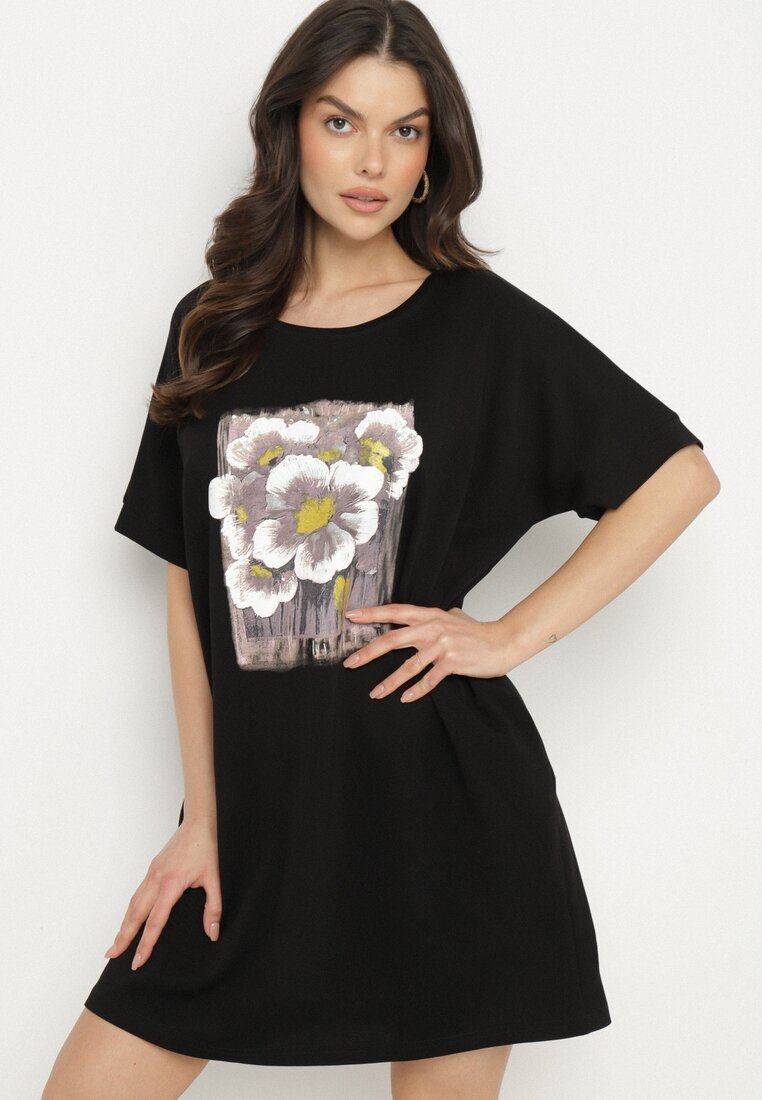 ambitionfly Rochie Neagră tip cutie cu Viscoză și Imprimeu Decorativ Elaniriel