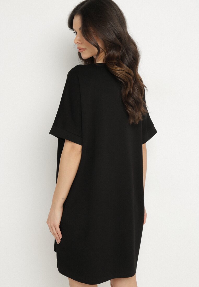 ambitionfly Rochie Neagră tip cutie cu Viscoză și Imprimeu Decorativ Elaniriel