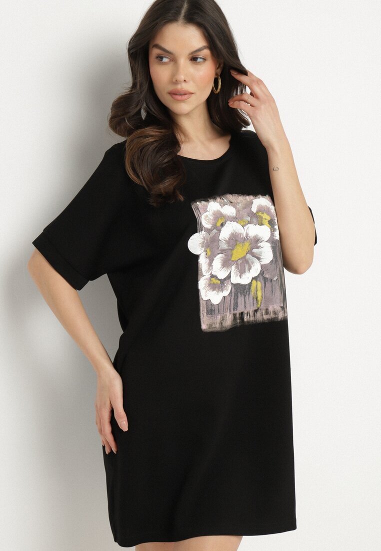 ambitionfly Rochie Neagră tip cutie cu Viscoză și Imprimeu Decorativ Elaniriel