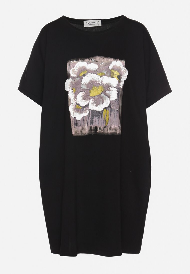 ambitionfly Rochie Neagră tip cutie cu Viscoză și Imprimeu Decorativ Elaniriel