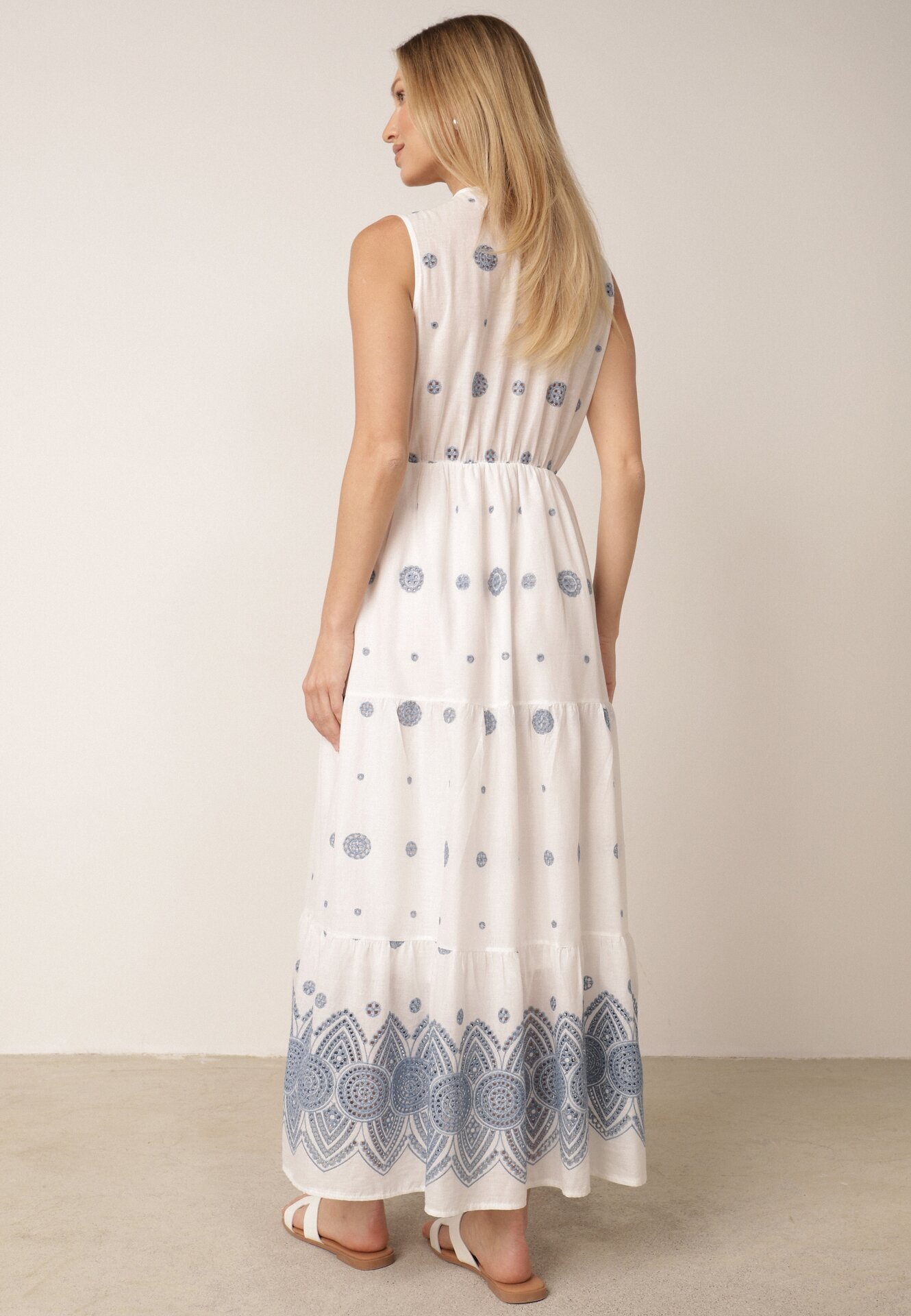 ambitionfly Rochie rustică din bumbac decorată cu broderii și volane Eudarpia Albastră