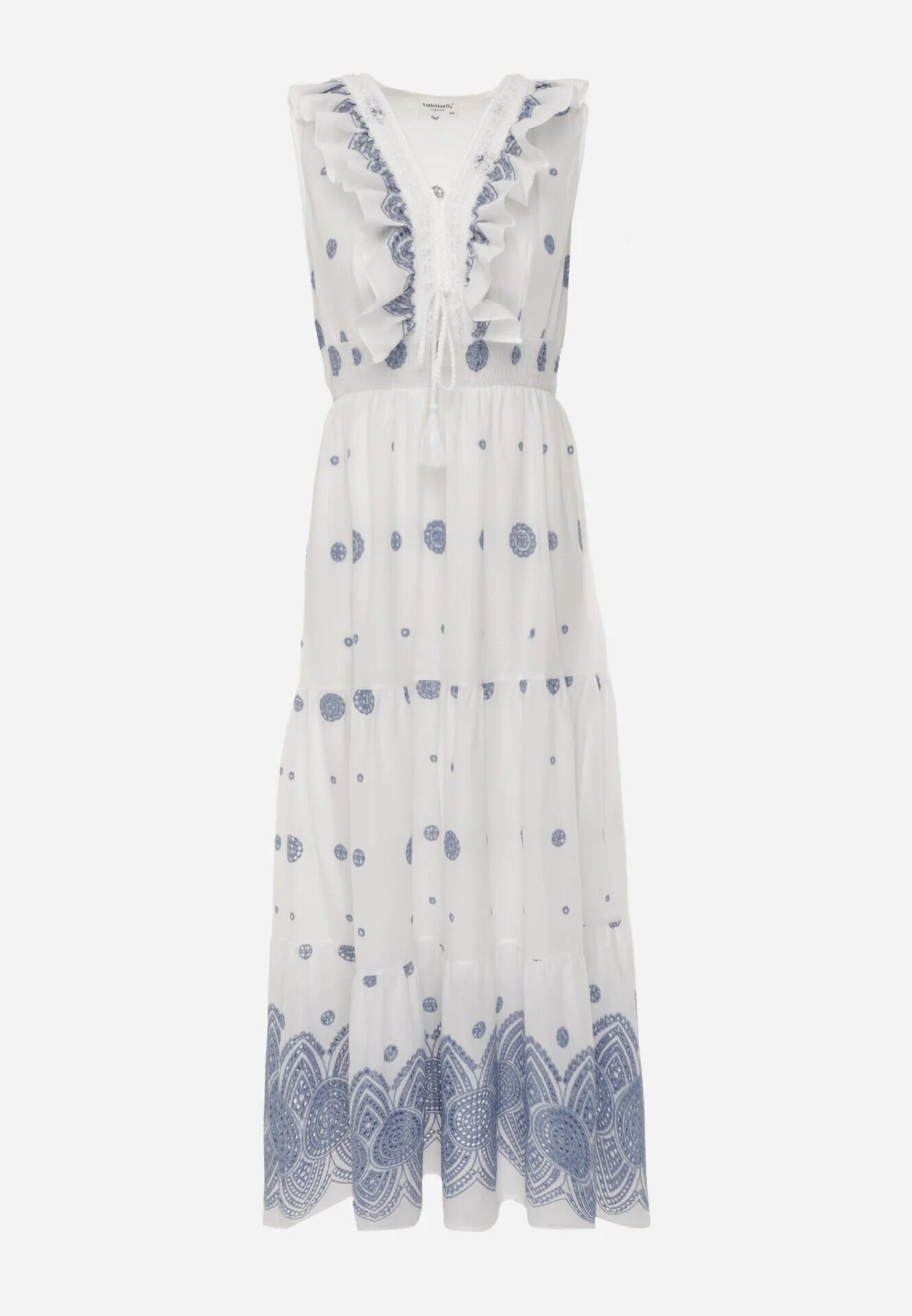 ambitionfly Rochie rustică din bumbac decorată cu broderii și volane Eudarpia Albastră