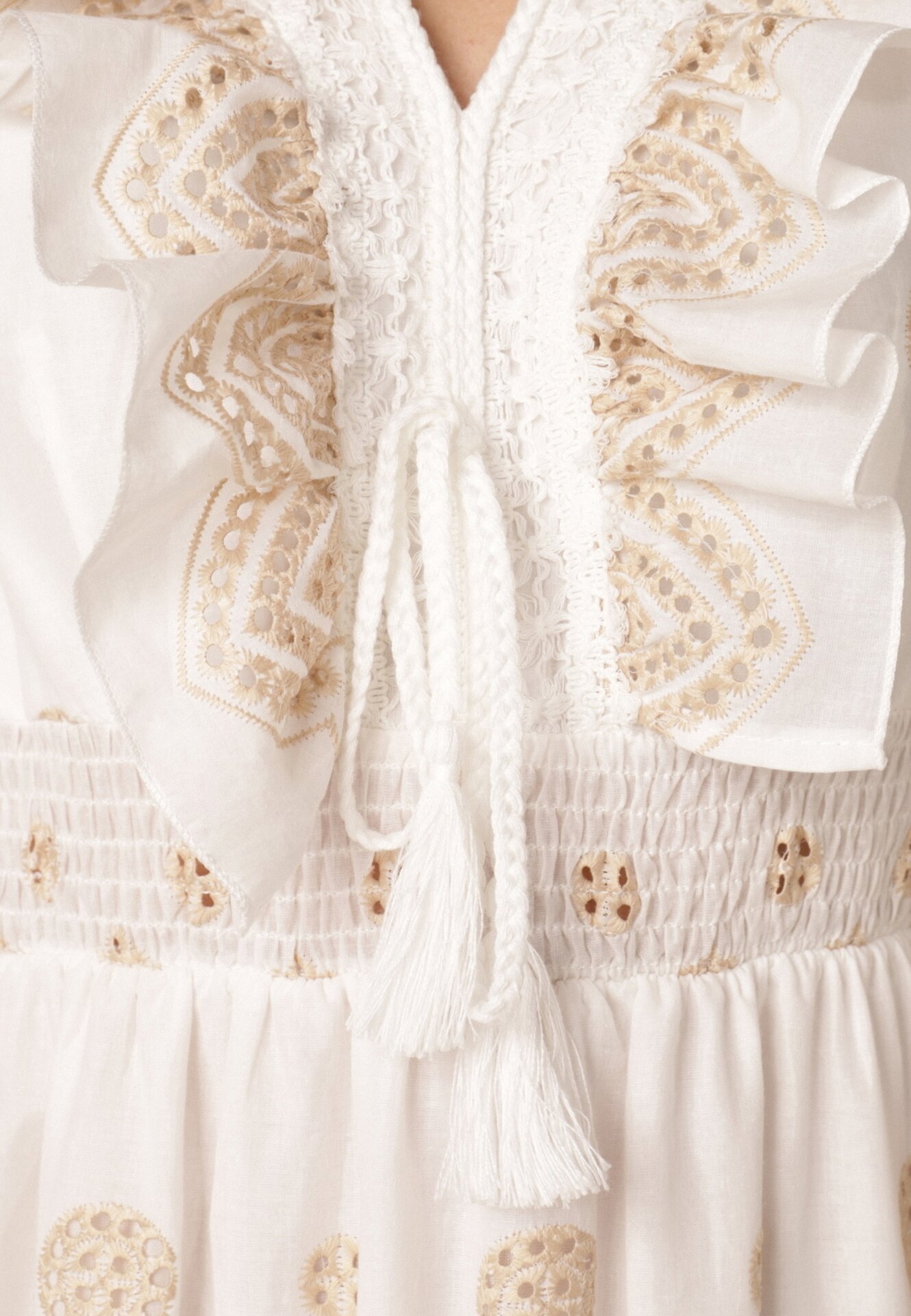 ambitionfly Rochie rustică din bumbac decorată cu broderii și volane Eudarpia Bej