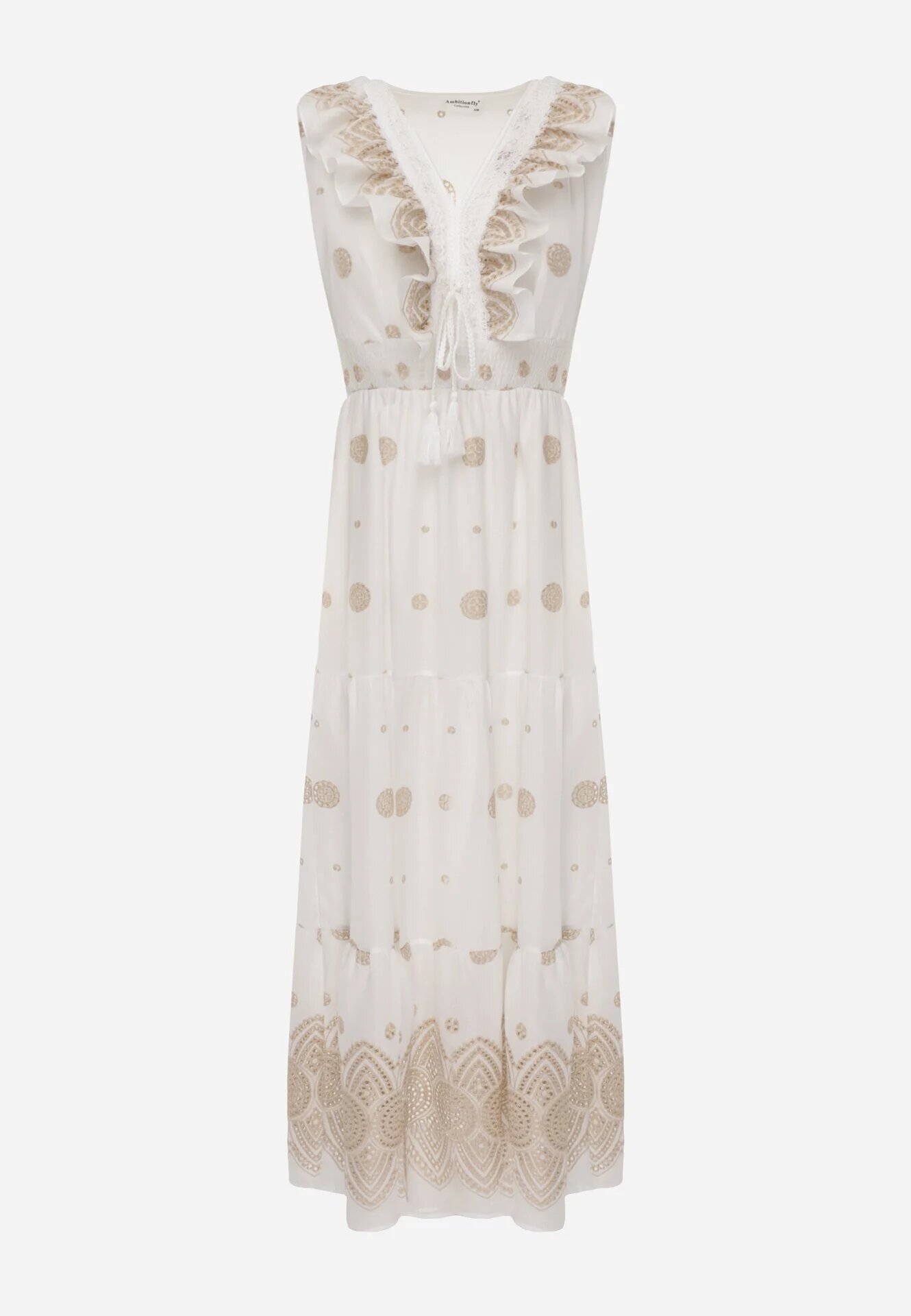 ambitionfly Rochie rustică din bumbac decorată cu broderii și volane Eudarpia Bej
