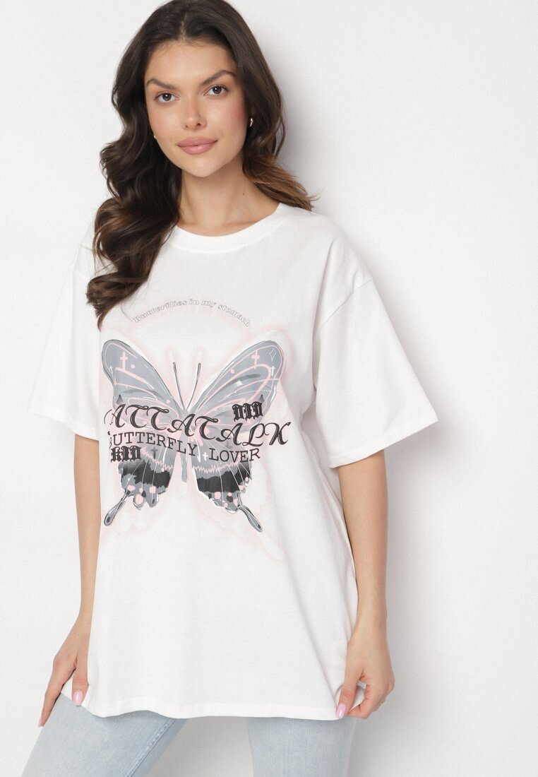 ambitionfly T-shirt Alb Oversize din Bumbac cu Imprimeu cu Fluture Nonatira