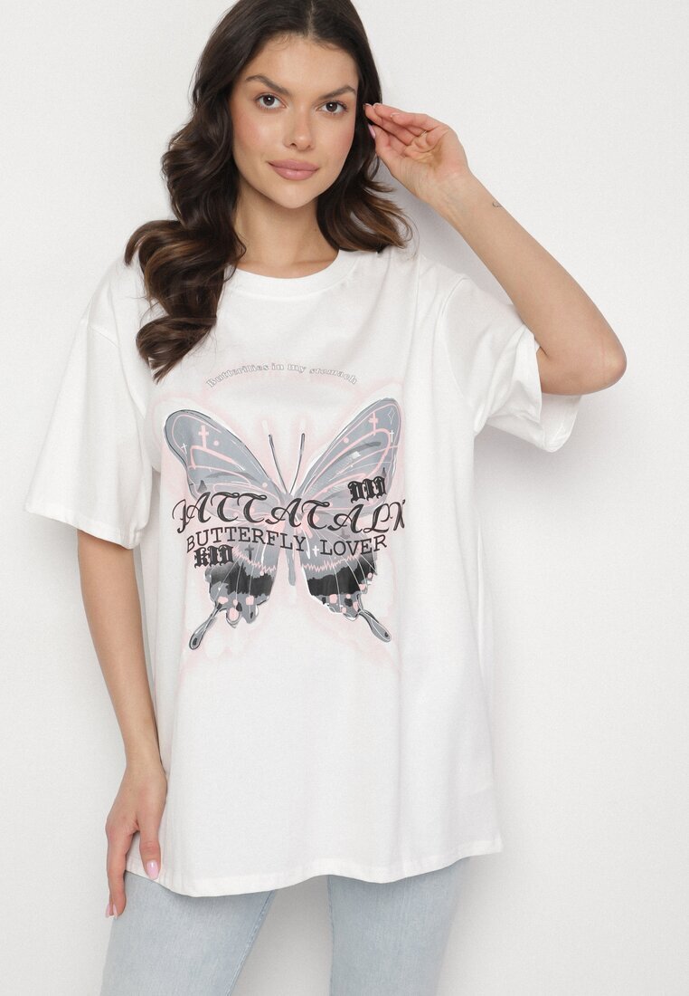 ambitionfly T-shirt Alb Oversize din Bumbac cu Imprimeu cu Fluture Nonatira