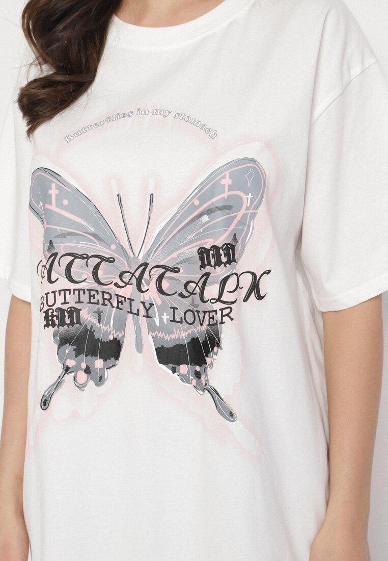 ambitionfly T-shirt Alb Oversize din Bumbac cu Imprimeu cu Fluture Nonatira