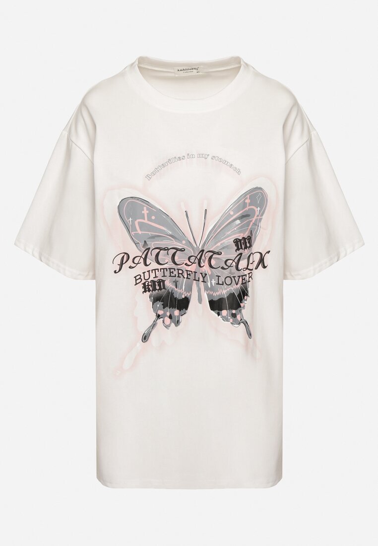 ambitionfly T-shirt Alb Oversize din Bumbac cu Imprimeu cu Fluture Nonatira