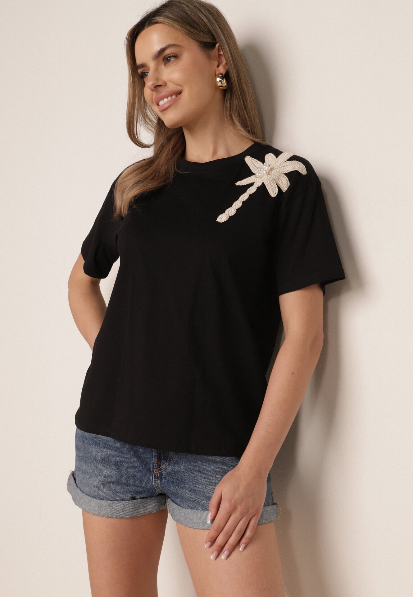 ambitionfly T-shirt din bumbac cu aplicație decorativă din perle și zirconii Haidea Negru