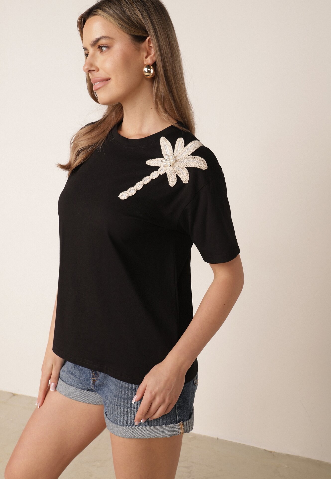 ambitionfly T-shirt din bumbac cu aplicație decorativă din perle și zirconii Haidea Negru