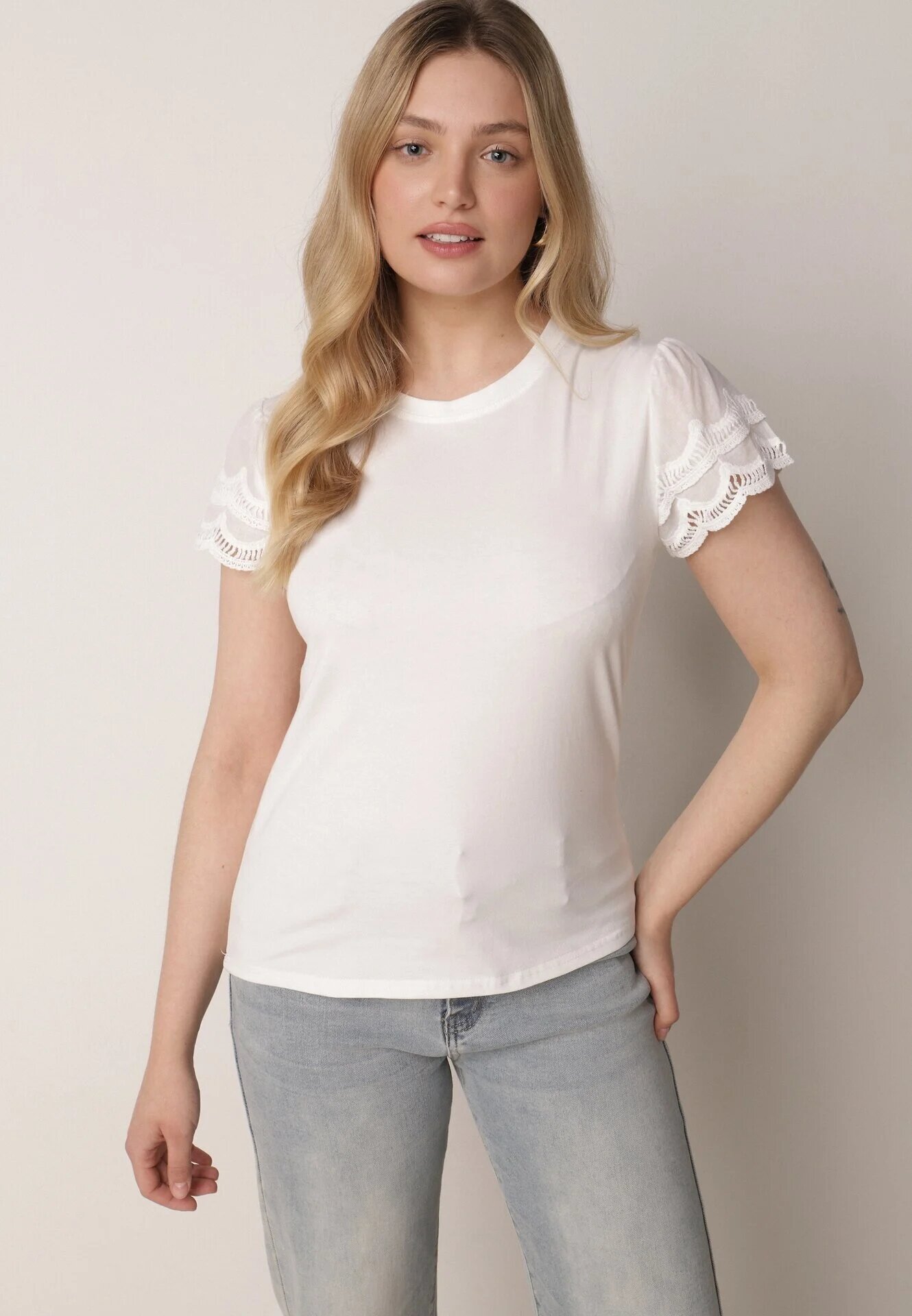 ambitionfly Tricou Alb de bumbac cu mâneci din dantelă Carilynore