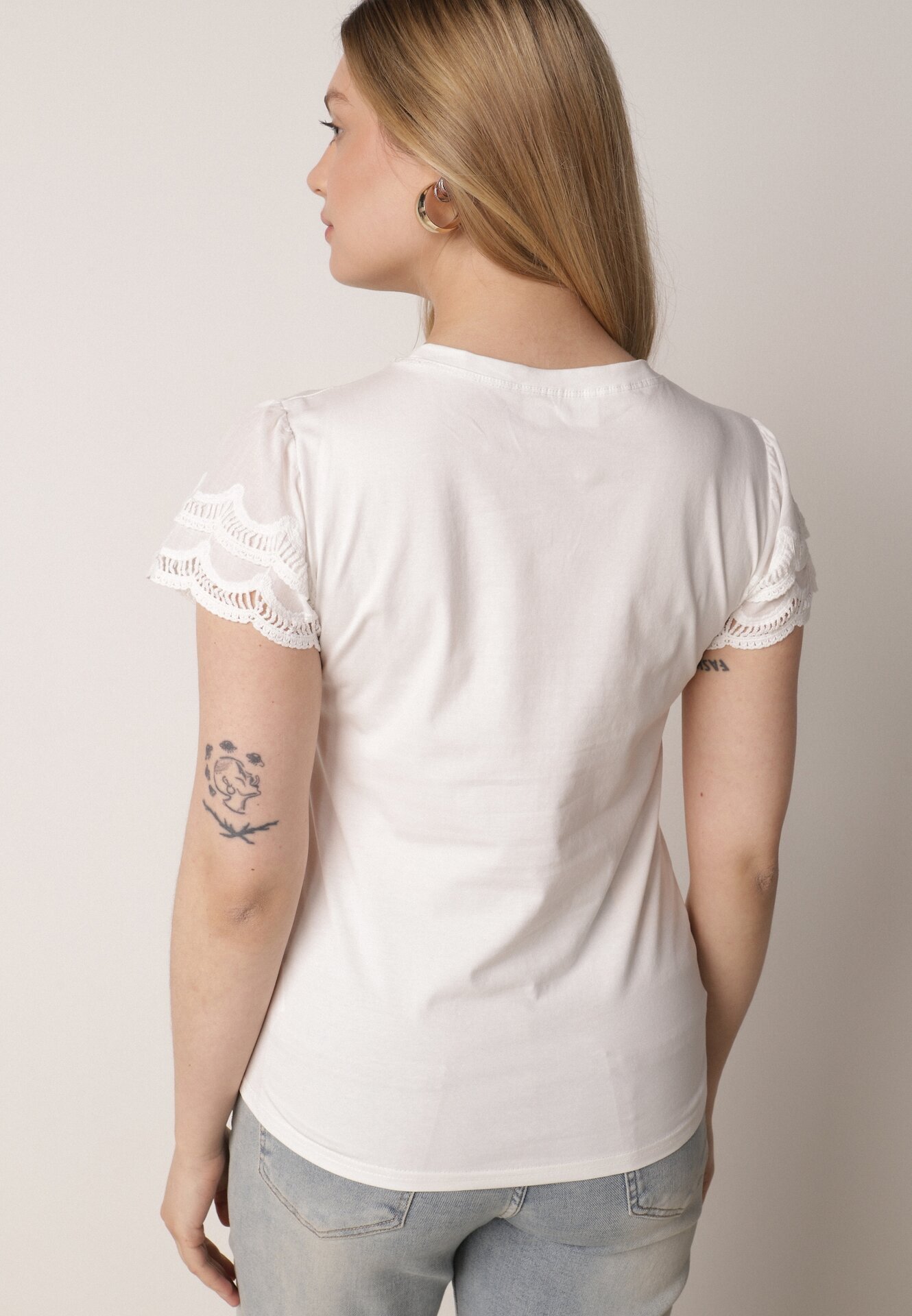 ambitionfly Tricou Alb de bumbac cu mâneci din dantelă Carilynore