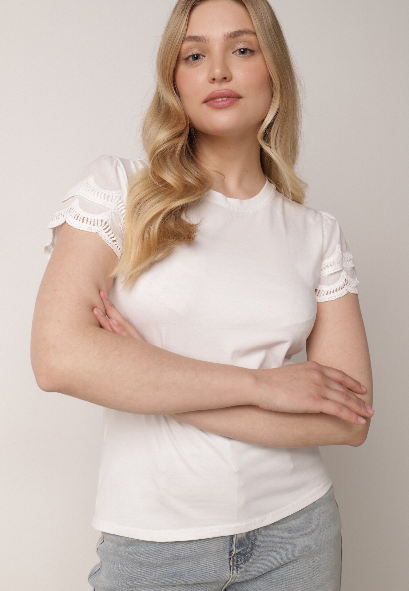 ambitionfly Tricou Alb de bumbac cu mâneci din dantelă Carilynore