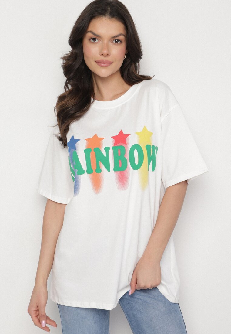 ambitionfly Tricou Alb Oversize cu Imprimat Colorat și Steluțe Iloviela
