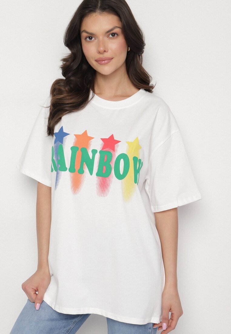ambitionfly Tricou Alb Oversize cu Imprimat Colorat și Steluțe Iloviela