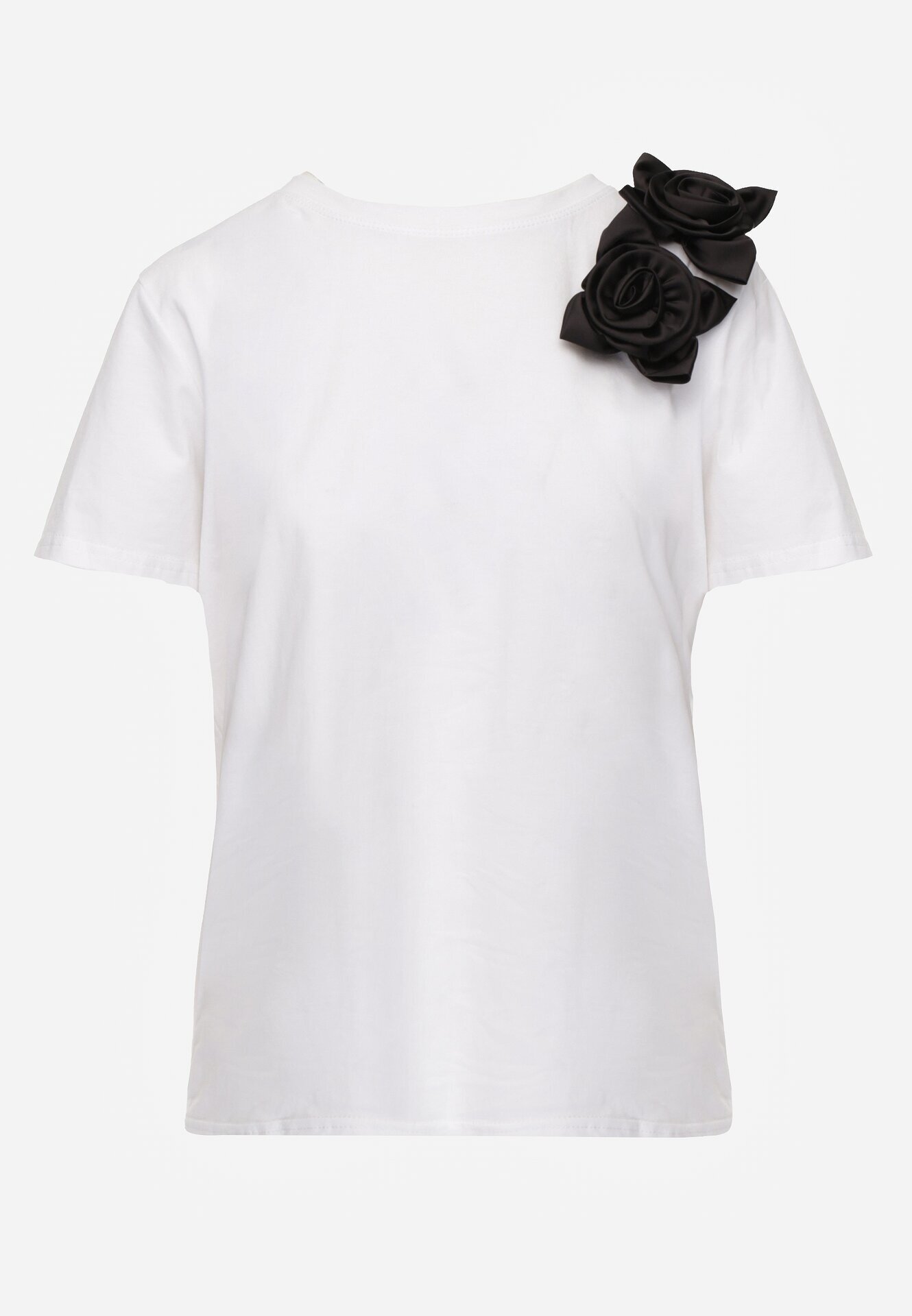 ambitionfly Tricou Clasic Alb-Negru din Bumbac Decorat cu Aplicație 3D în Formă de Flori Noebel