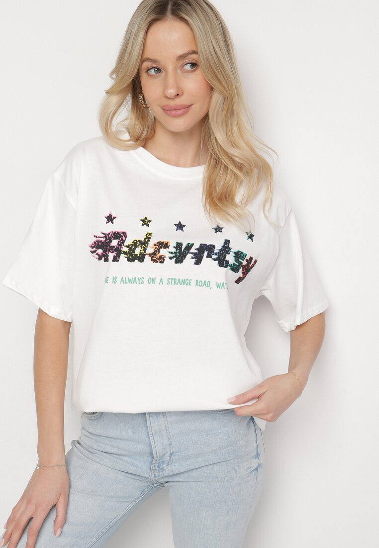 ambitionfly Tricou Oversize Alb cu Imprimeu în Față și Stele pe Spate Ilanlith