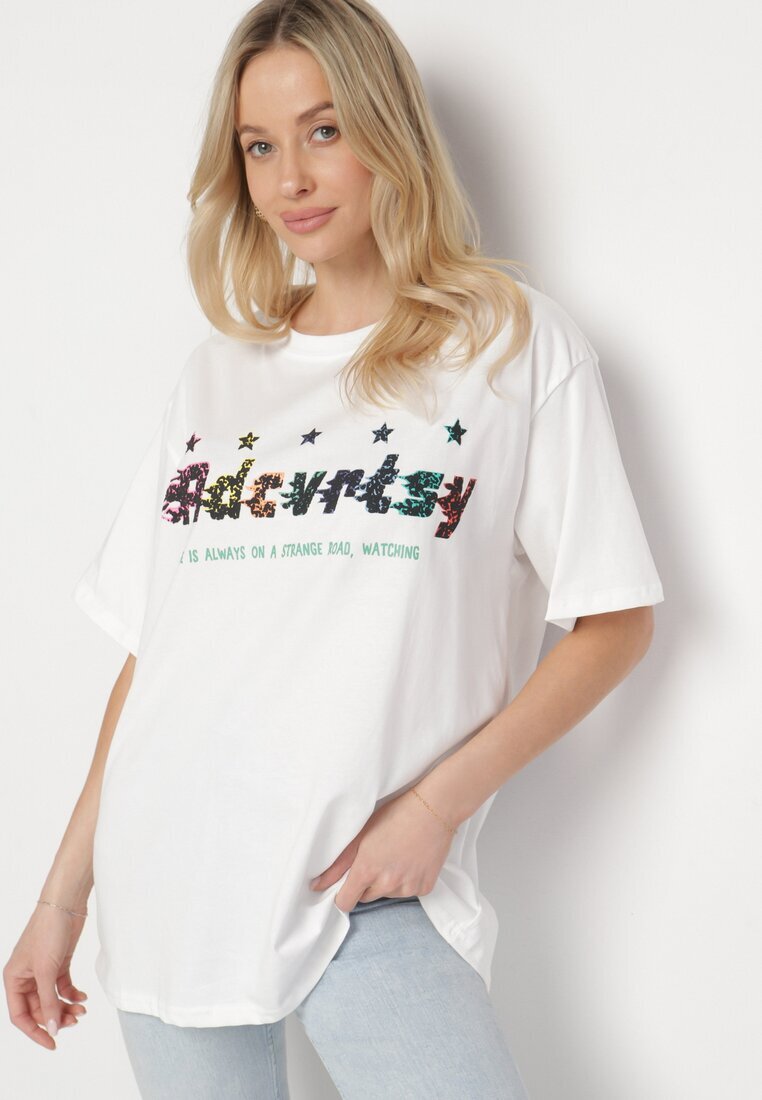 ambitionfly Tricou Oversize Alb cu Imprimeu în Față și Stele pe Spate Ilanlith