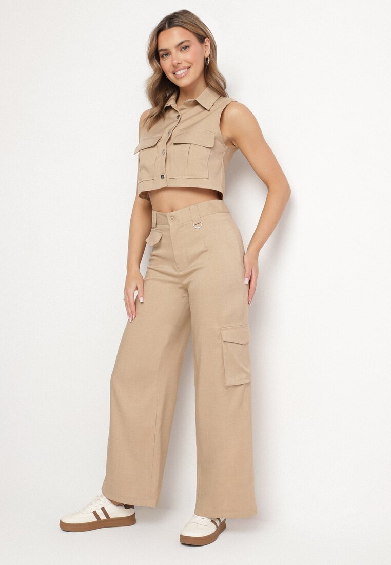 ann gissy Compleu Bej stil cargo Vestă cu guler și Pantaloni largi Zireva