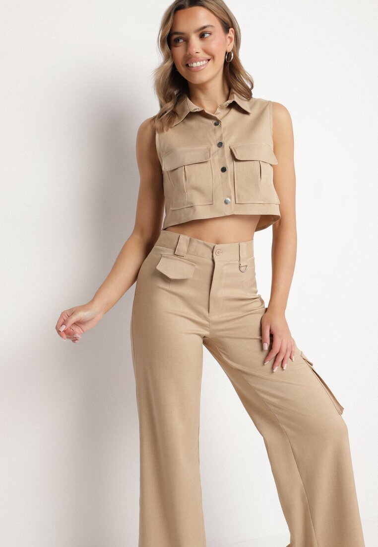 ann gissy Compleu Bej stil cargo Vestă cu guler și Pantaloni largi Zireva