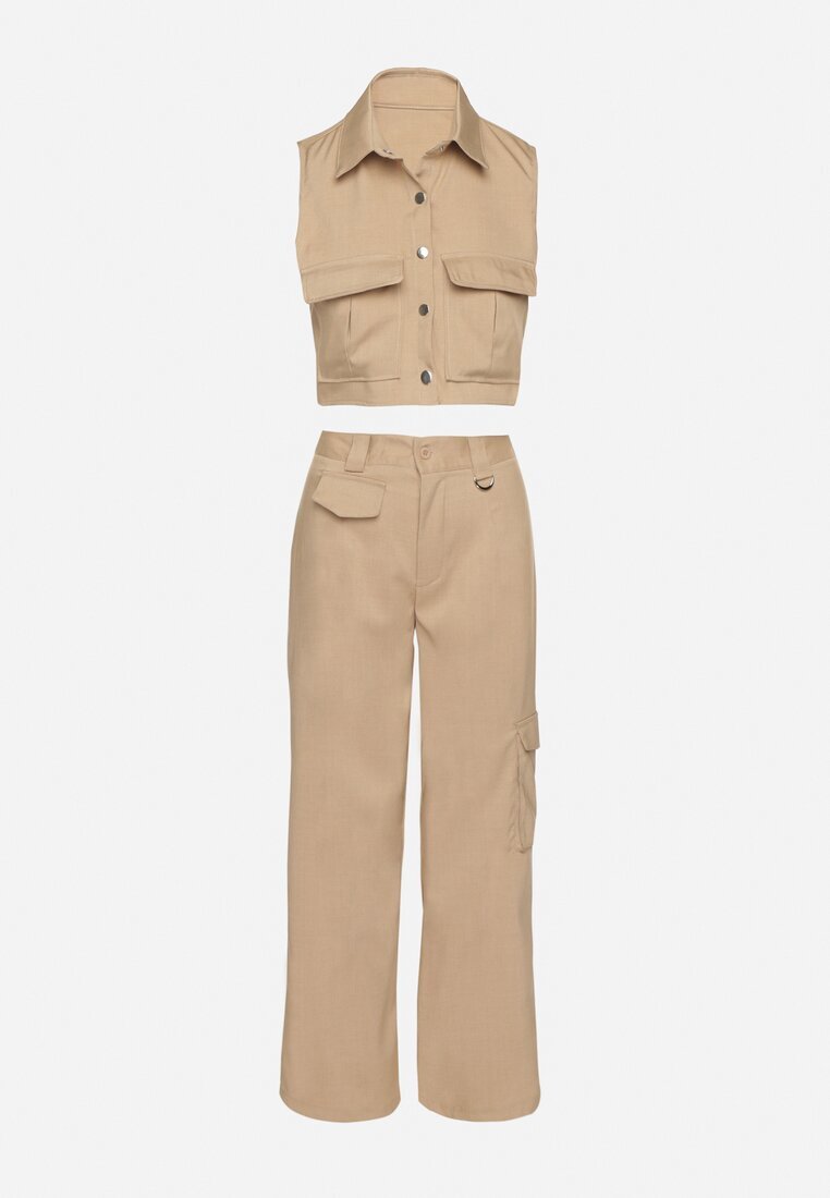 ann gissy Compleu Bej stil cargo Vestă cu guler și Pantaloni largi Zireva