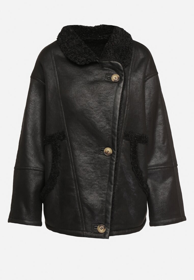 ann gissy Geacă Biker Neagră Oversize Încheiată cu nasturi Căptușită cu blană Nikiena