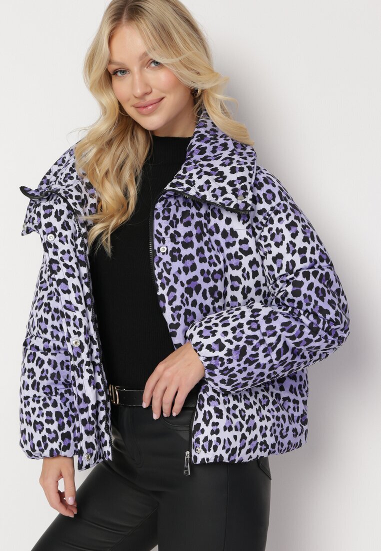 ann gissy Jachetă violetă matlasată leopard cu guler înalt Baililla