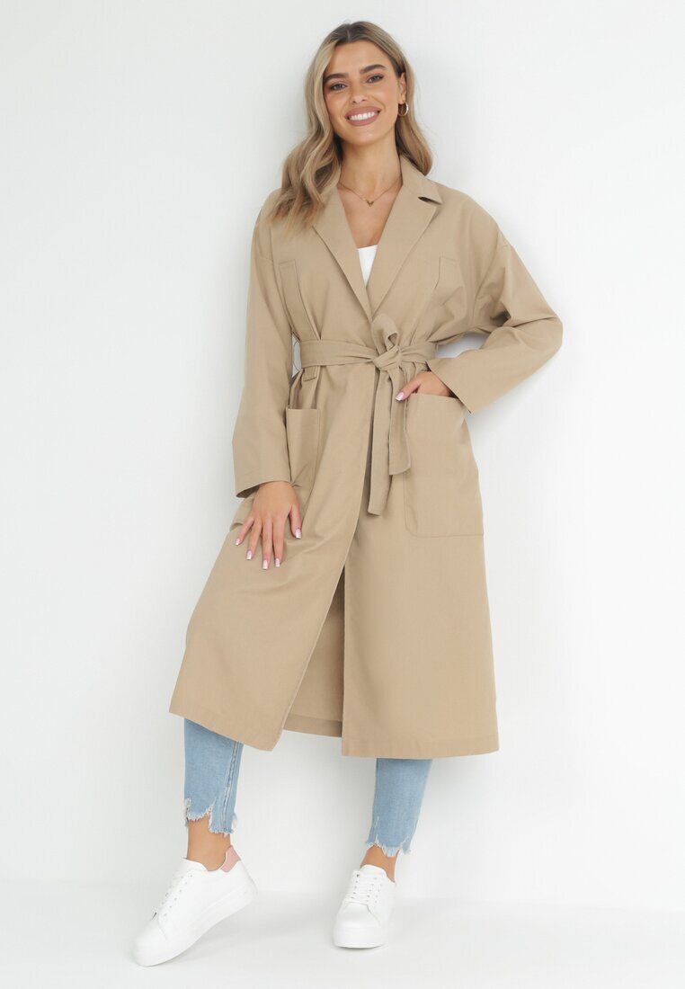 ann gissy Palton Bej Oversize cu curea legată Ziyanna