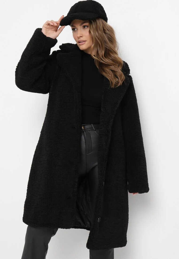 ann gissy Palton Negru Oversize cu Blană de Pluș cu Căciulă Arrumi