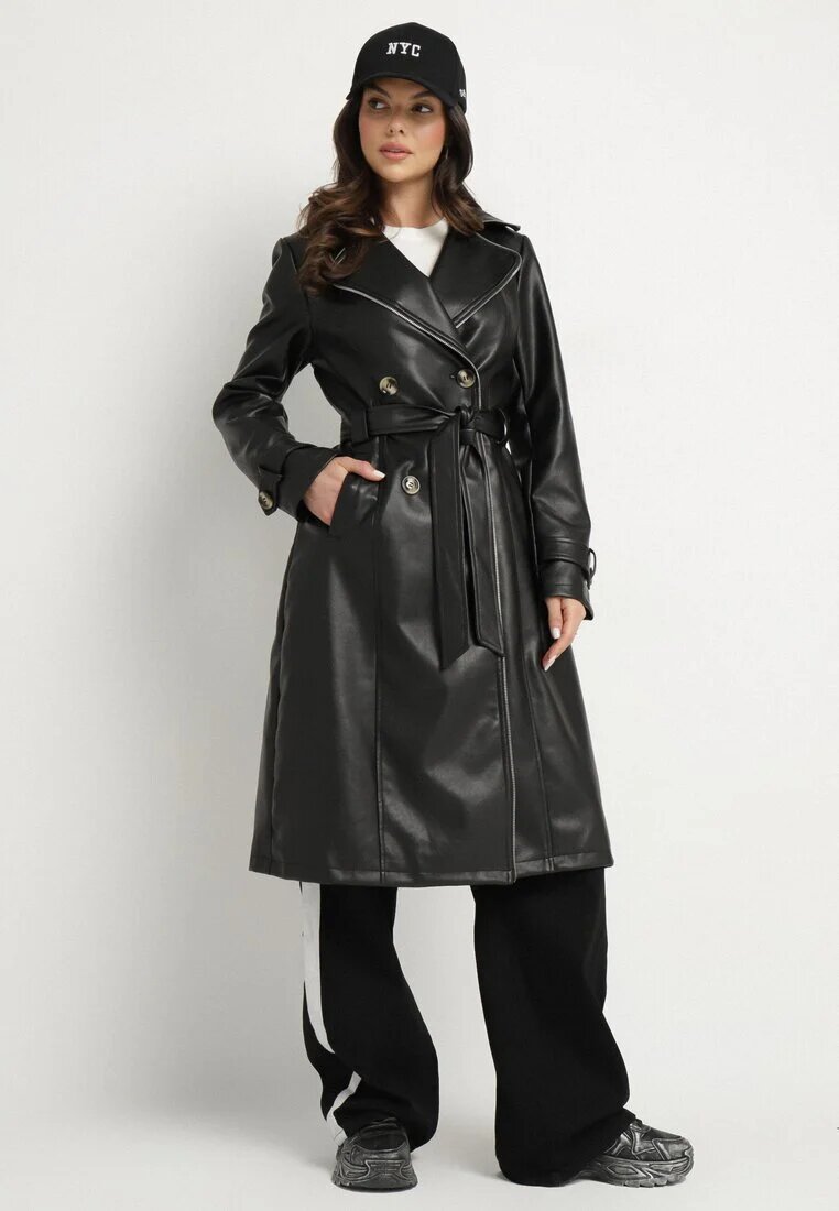 ann gissy Palton trench negru Dublu rând din Imitatie de Piele cu Curea Legată Nilovessa