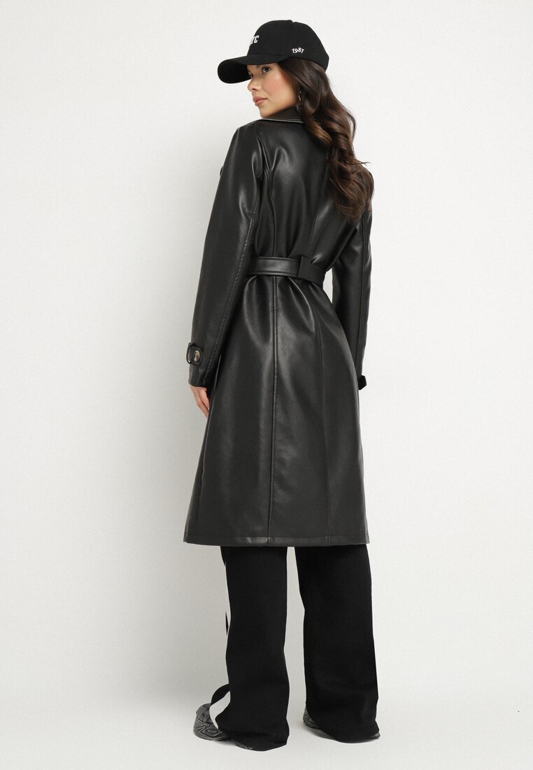 ann gissy Palton trench negru Dublu rând din Imitatie de Piele cu Curea Legată Nilovessa