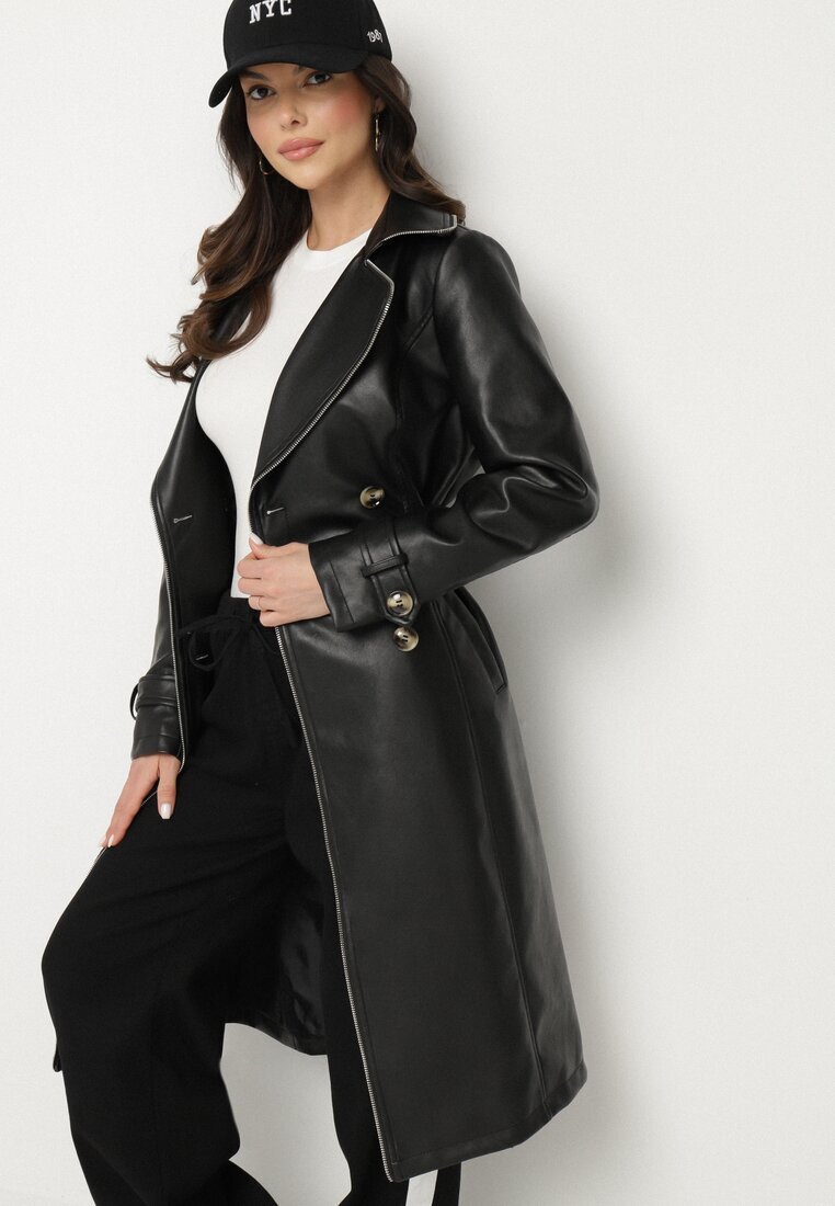 ann gissy Palton trench negru Dublu rând din Imitatie de Piele cu Curea Legată Nilovessa