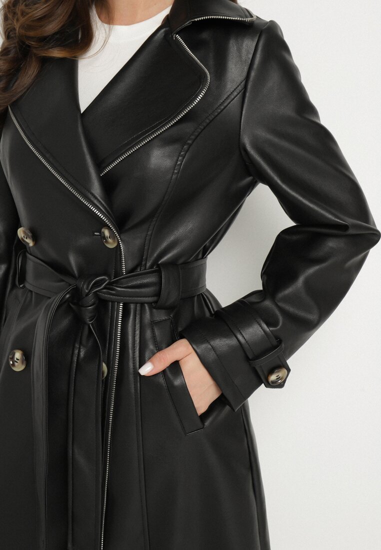 ann gissy Palton trench negru Dublu rând din Imitatie de Piele cu Curea Legată Nilovessa