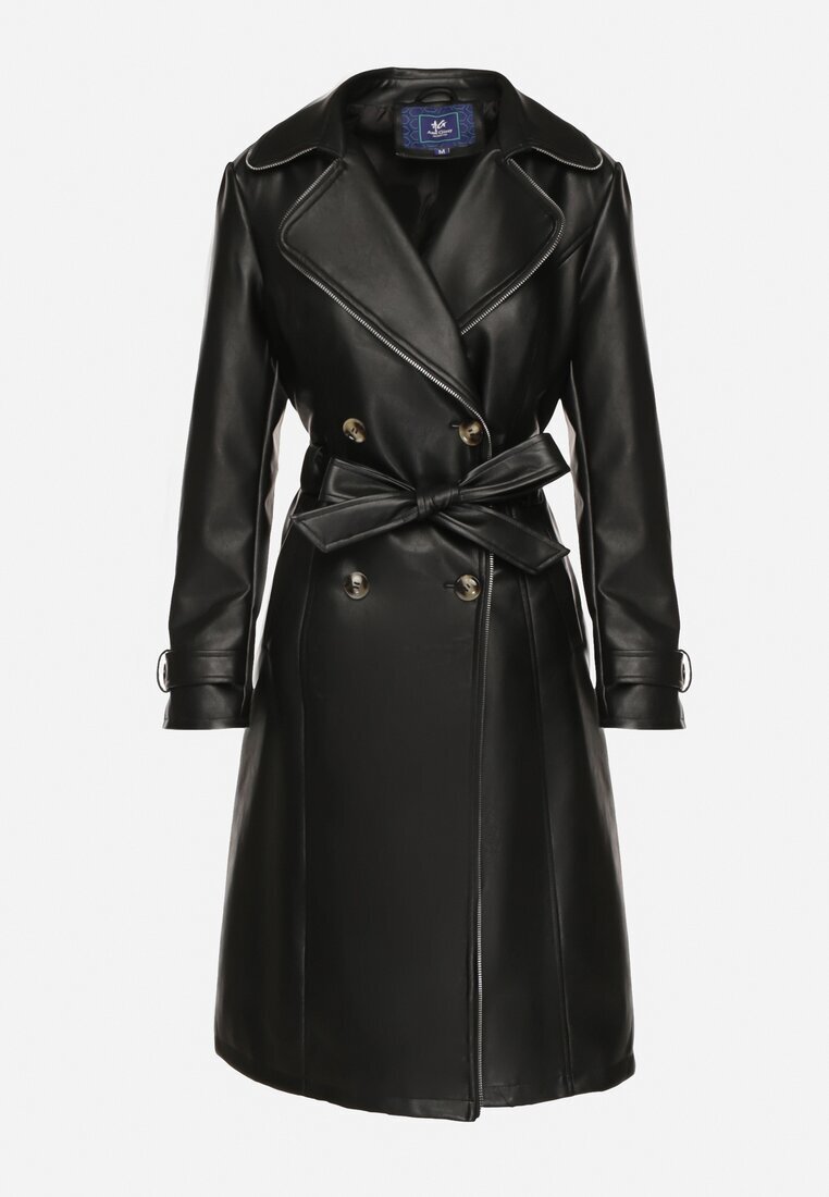 ann gissy Palton trench negru Dublu rând din Imitatie de Piele cu Curea Legată Nilovessa