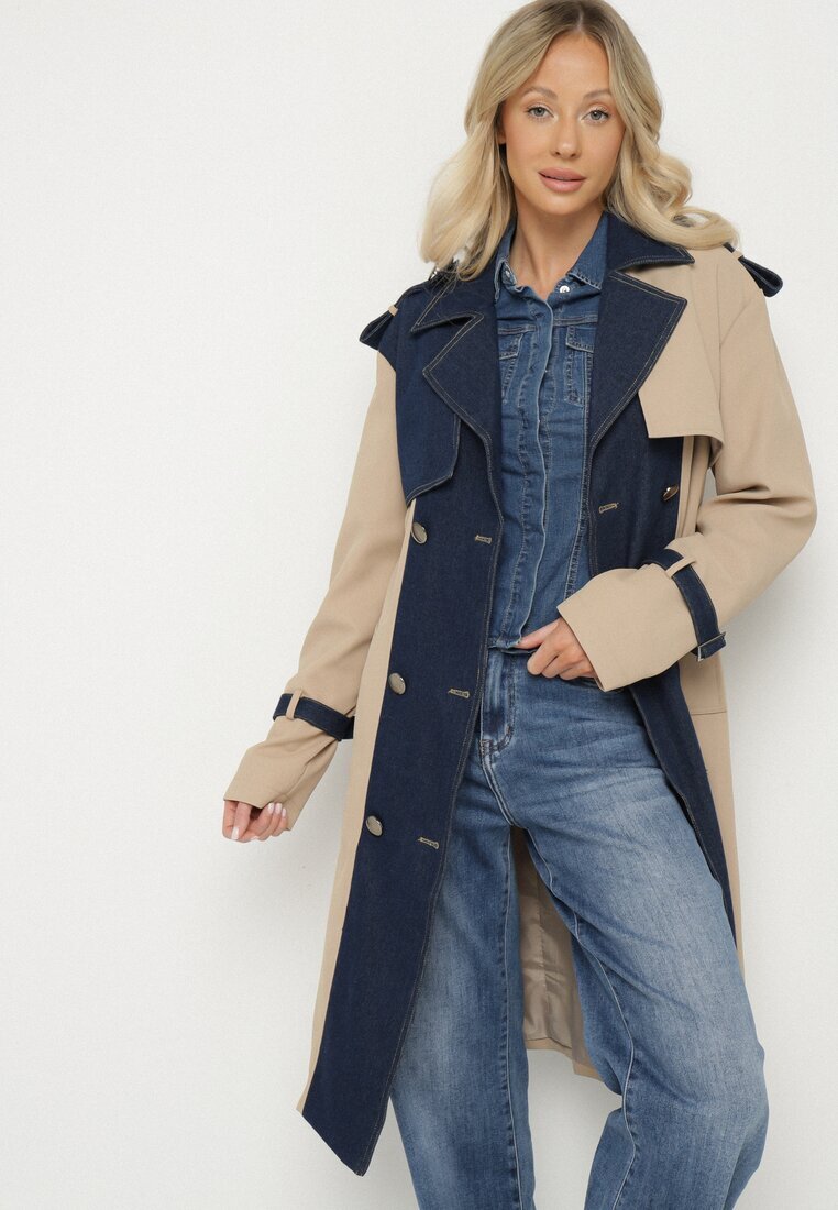 ann gissy Palton Trenci Albastru cu Bumbac Decorat cu Inserții din Denim Tirsedi